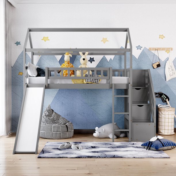 Twin Loft Bed With Two Drawers And Slide House Shaped Solid Wood Loft Bed With Slide Boys Girls Multifunctional Design Maximized Space Saving Gray Walmart Com