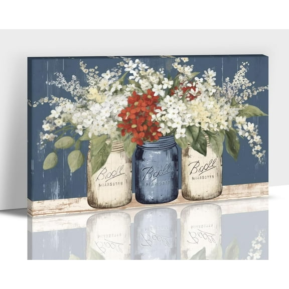 Farmhouse Bathroom Wall Decor White and Red Floral Vintage Vase Canvas Print Picture for Country Bathroom Decor, Flower Picture Artwork for Walls Home Decor 12x18 Inches