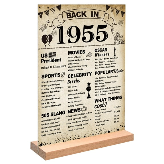 Vintage 1955 Acrylic Sign with Stand, 70th Birthday Party Decorations for Men Women, Retro Table Centerpiece, 70 Year Old Anniversary Gift, Classic Design