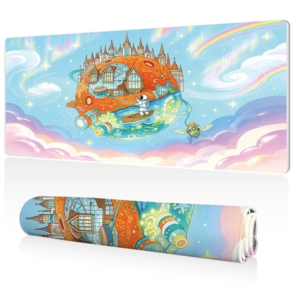 LIVEKEY Mouse Pad 80x40cm Extra Large Non Slip Stitched Durable Easy Clean Fantasy Castle Planet Astronaut Rainbow Clouds for Gaming Office