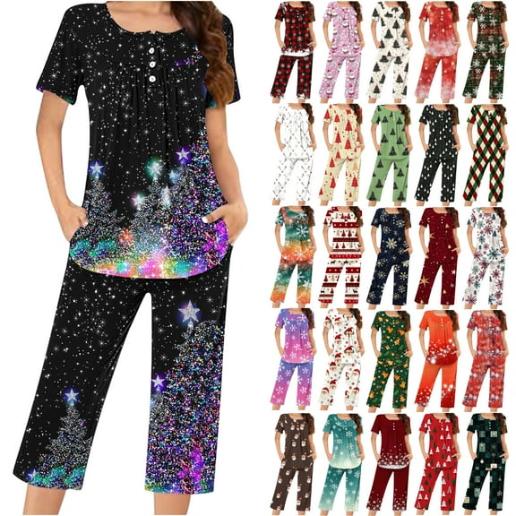 VBTAPA Christmas Pajamas Set for Women Set Short Sleeve Top Matching Capri Pants Lounge Sets 2 Piece Loungewear Holiday Sleepwear Xmas Gifts Multicolor XL