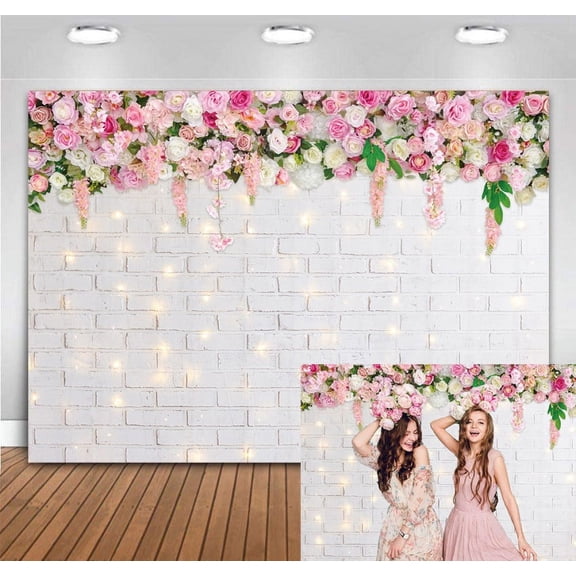 7x5FT White Backdrop Wedding Backdrop Glitter White Brick Wall Flowers Photo Background Mother's Day Photography Backdrops