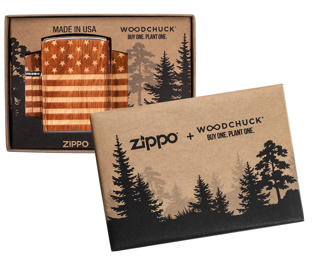 Zippo Woodchuck USA American Flag Wrap Street Chrome Pocket Lighter
