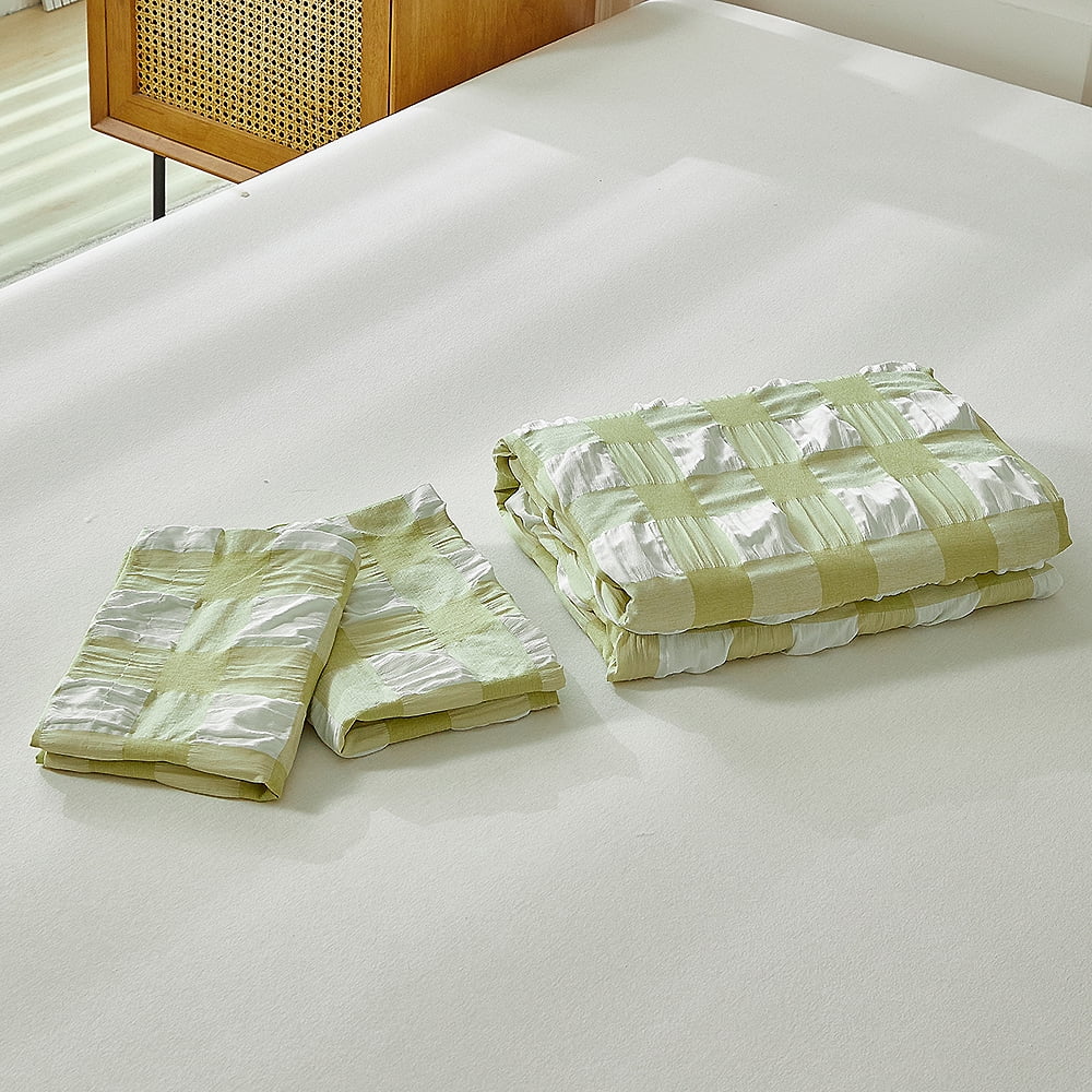 YELEE Green Plaid Duvet Cover Queen Size 3 Pieces Super Soft Breathable Pleated Bedding Sets 90"x90", 2 Cozy Pillowcases