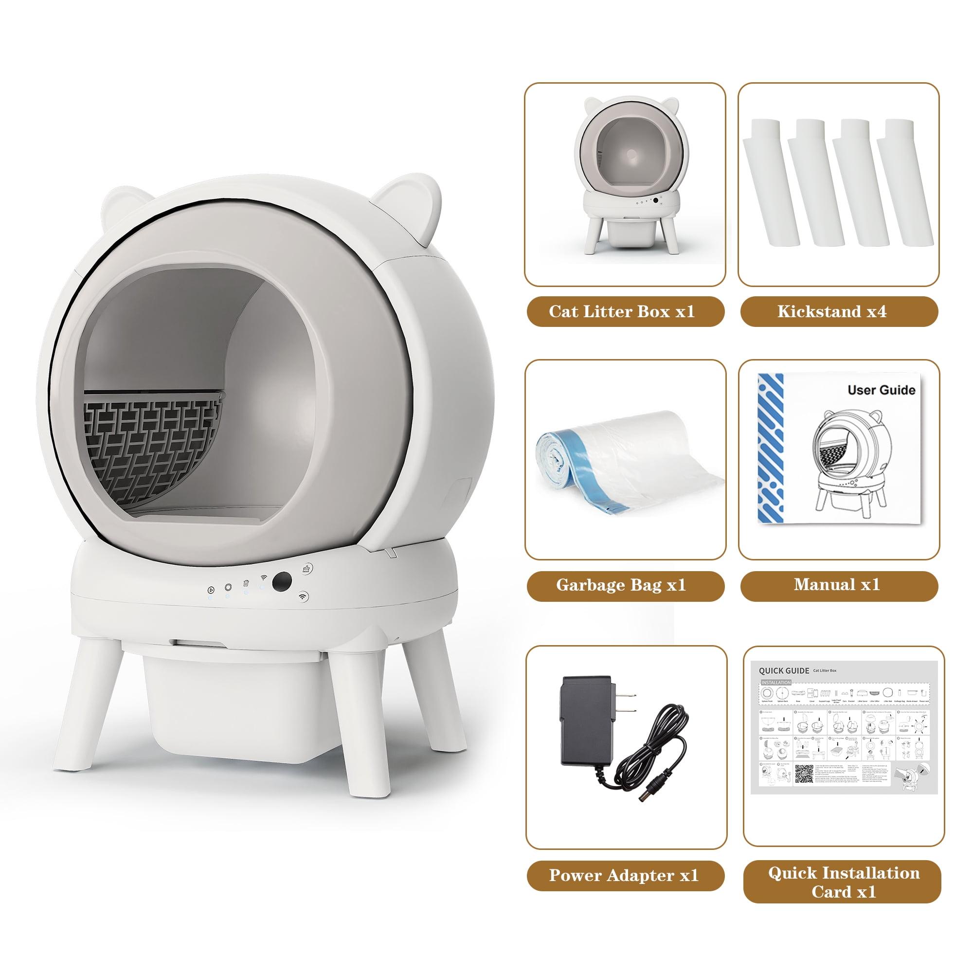 HLR 70L Smart Automatic Self-Cleaning Cat Litter Box, APP Control/Integrated Safety Protection, Cat Ears Design, White