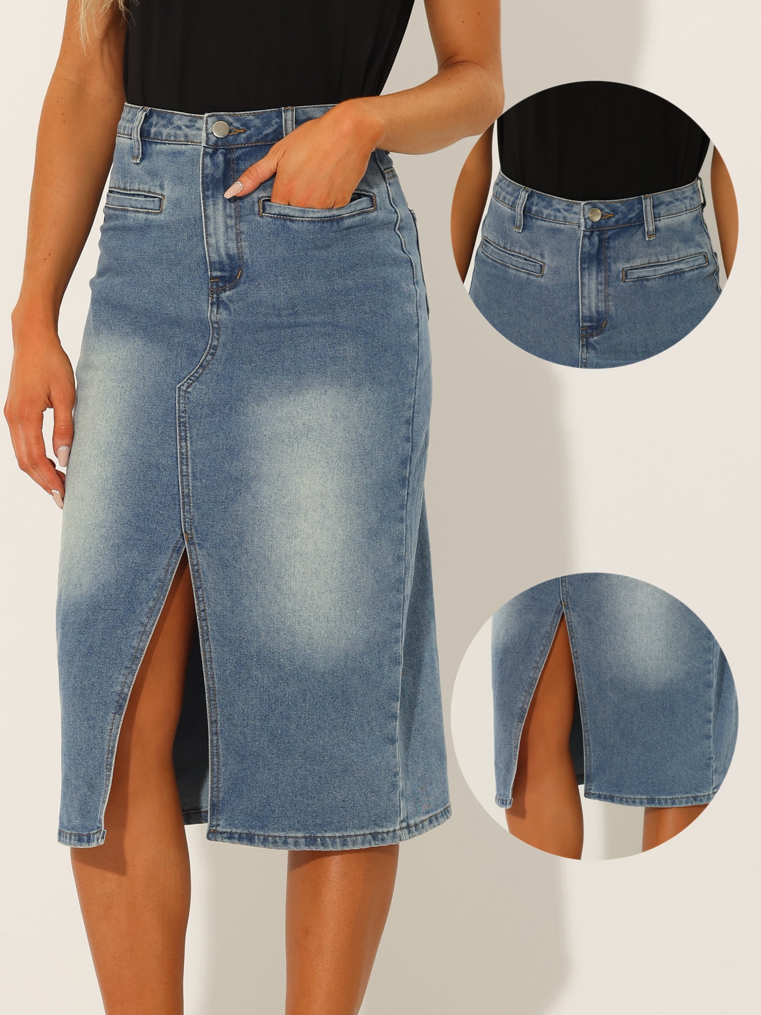 DARING DIVA Women's Slit Front Washed Jean Midi Skirts with Pockets M Grey Blue