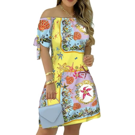 

XBTCLXEBCO Female s Short Sleeve Dress Striped Off Shoulder One-Piece for Ladies