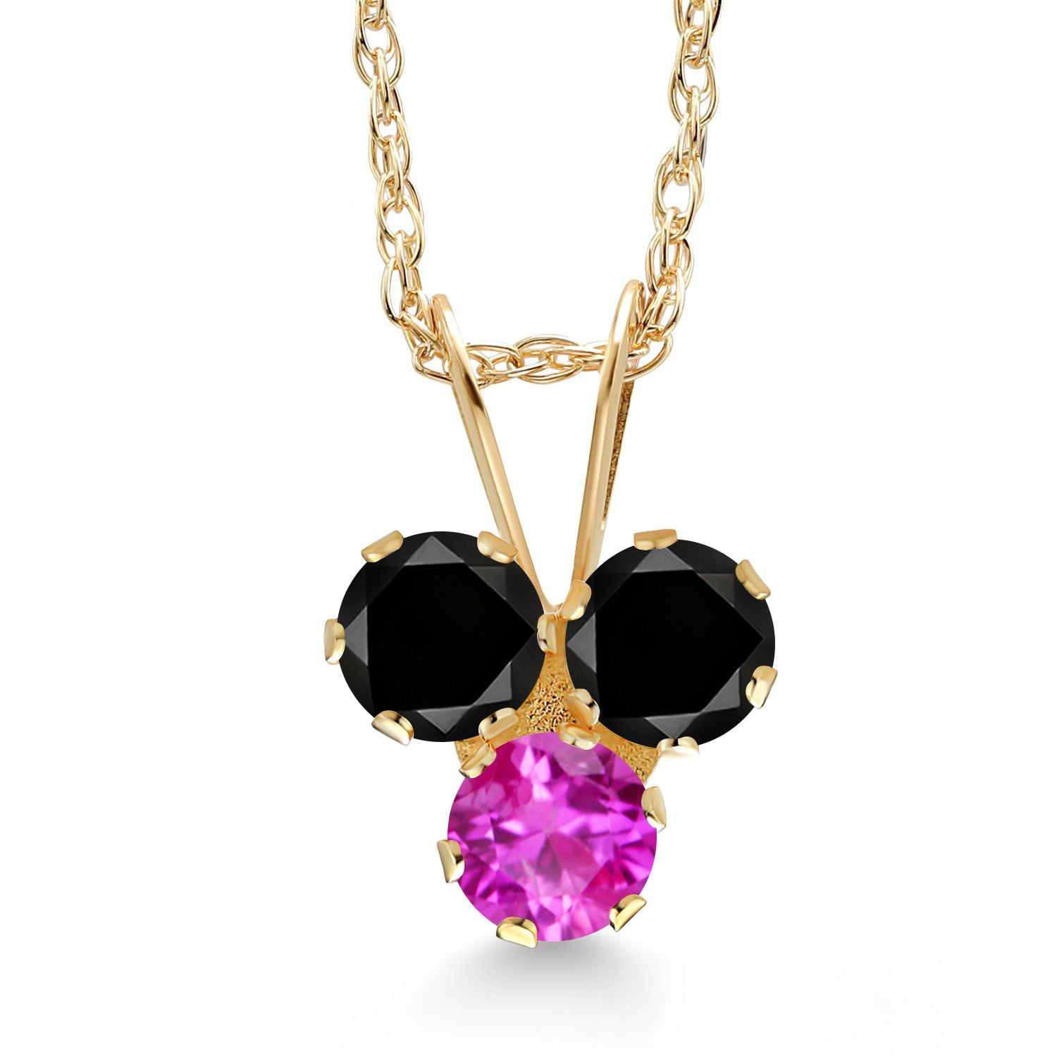 Gem Stone King 14K Yellow Gold Black Diamond and Pink Sapphire 3-Stone Pendant Necklace for Women (0.33 Cttw, Gemstone April Birthstone, Round 3MM, 18 inch Chain)