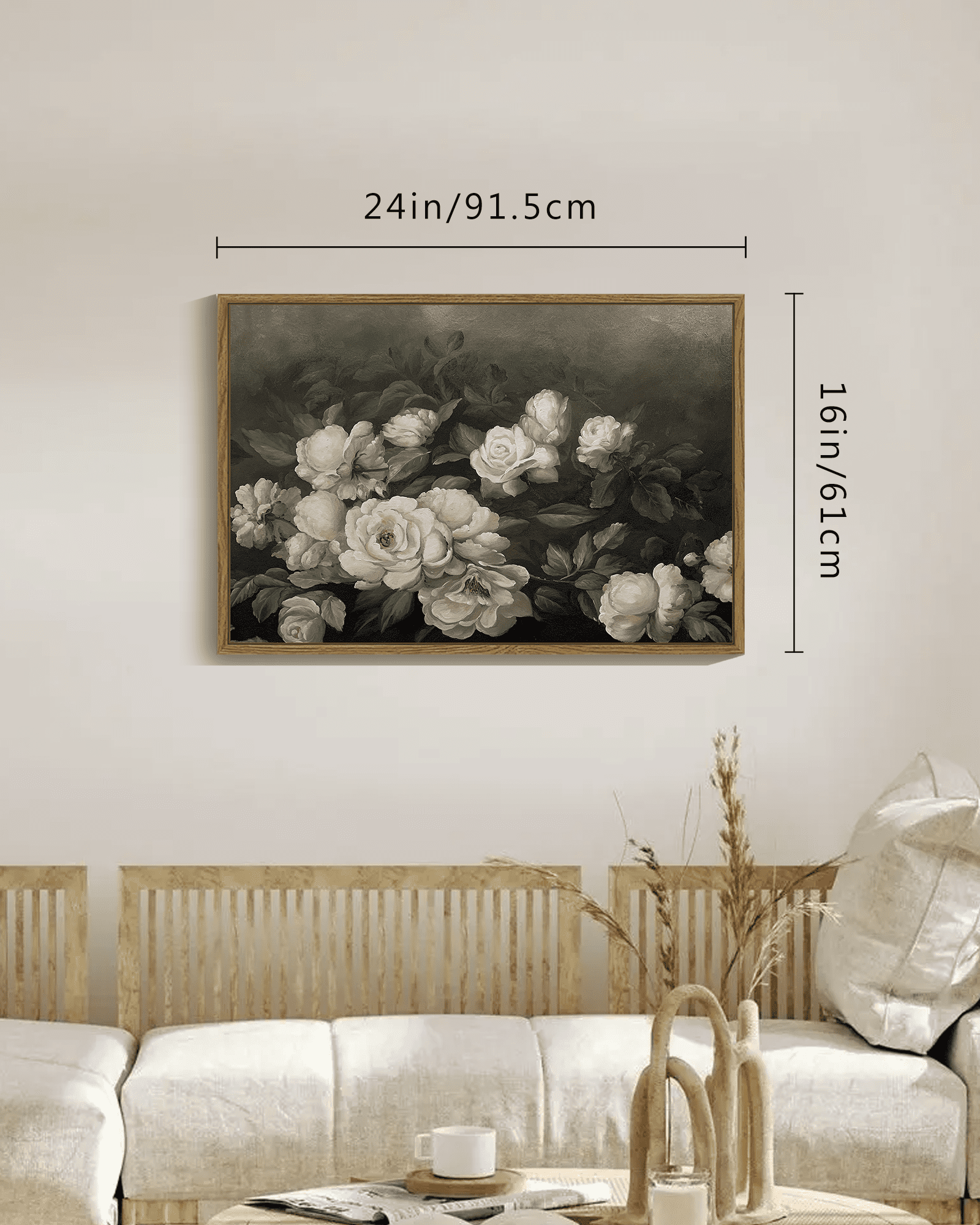 Drsoum Framed 24x36in Floral Canvas Wall Art Vintage Classical Painting Retro Flower Room Decor for Dining Room Bedroom Hallway - Natural Framed