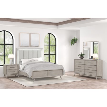 Roundhill Furniture Seluna 4-Piece Bedroom Set with Touch LED Lighting Gray Oak Finish Queen