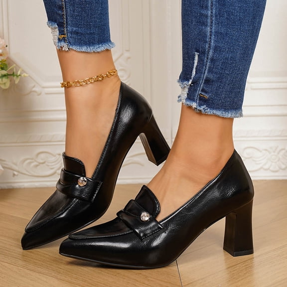 Purcolt Women's Retro Chunky Block Hight Heels Pumps Shoes Faux PU Leather Pointed Toe Classic Slip On Dress Shoes for Work Office
