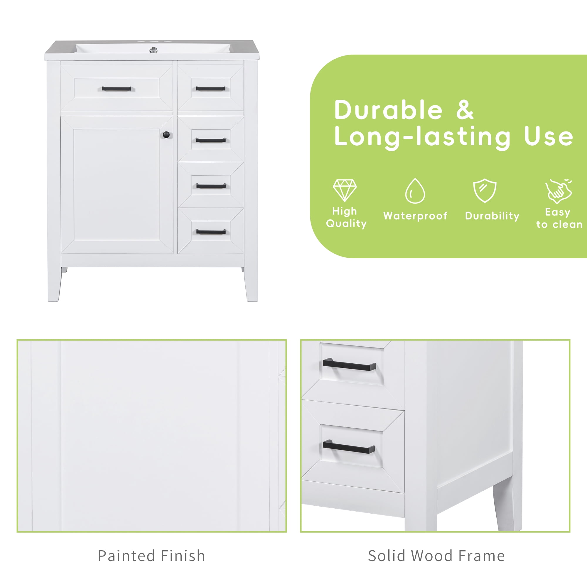 Euroco 30" Bathroom Vanity without Sink, Cabinet Base Only, Bathroom Cabinet with Drawers, Solid Frame and MDF Board, White