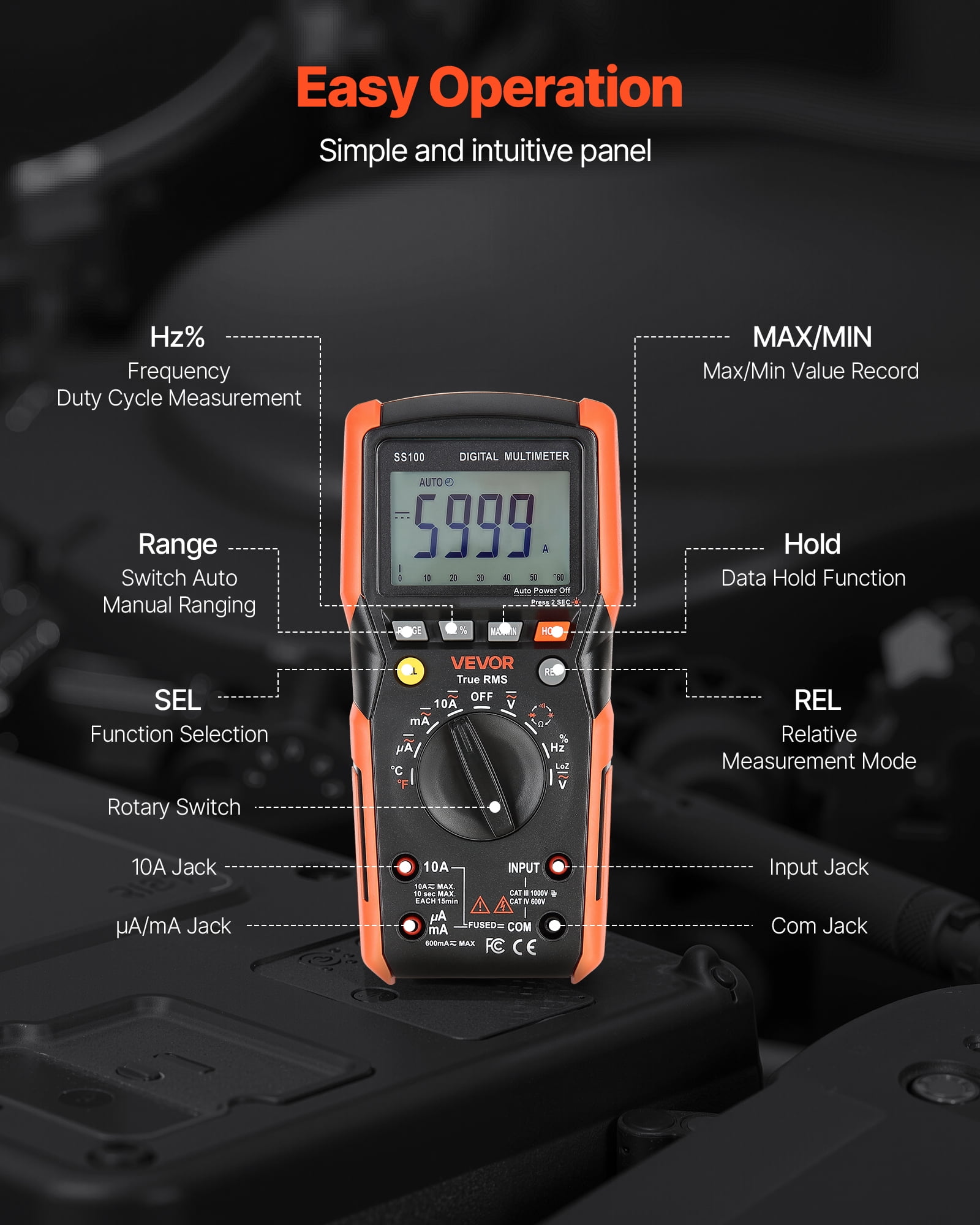 VEVOR Digital Multimeter, 6000-Count TRMS DC/AC Voltmeter Current Tester, Auto-Ranging Multimeter for Current Voltage Resistance Capacitance Temperature Diodes Continuity Low Impedance Measurment