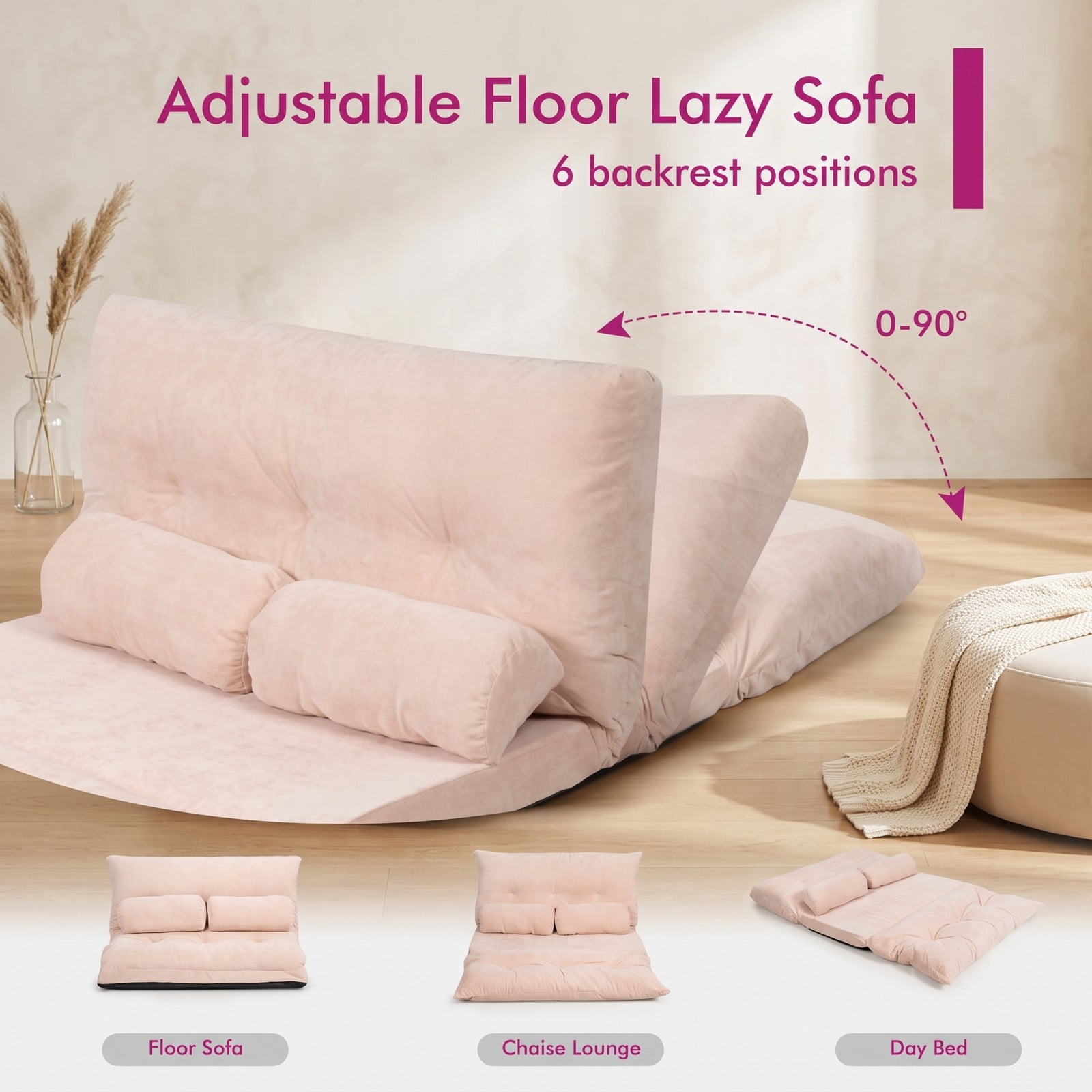 Furnibear 6-Position Adjustable Floor Sofa Bed, Foldable Sleeper Lounge Couch with 2 Pillows, Padded Corduroy Recliner Chair for Living Room Bedroom, 330 lbs, Beige