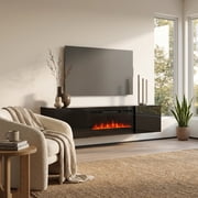 Cali BL-EF Floating Fireplace TV Stand for TVs up to 80, Modern High Gloss 72 Entertainment Center, Wall Mounted Electric Fireplace TV Media Console with Storage Cabinets
