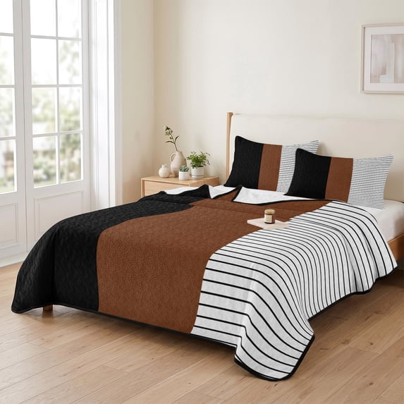 King Quilt Set 96''x106'', Black Brown Lightweight Summer Bedspread Coverlet Set with 2 Pillow Shams, Contemporary Striped Boho Art Breathable All Season Quilt Bedding for Bedroom/Guest Room
