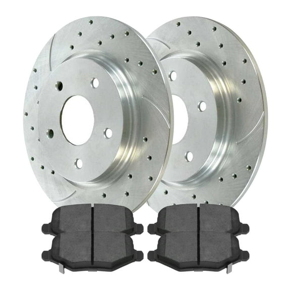 AutoShack Rear Driver and Passenger Side Drilled Slotted Brake Rotors Silver and Performance Ceramic Pads Kit Replacement for Chrysler Town & Country Ram C/V VW Routan Dodge Grand Caravan 2013 Journey