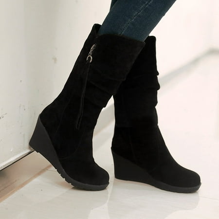 

Women Shoes Solid Color Casual Fashion Suede Upper Zip Wedge Heels Warm Winter Wear-resistant Cowboy Boots