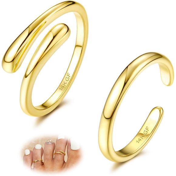 Bagues d'Orteil Remplies en Or 14K pour Femmes, Non Ternissantes, Imperméables, Câlin, CZ, Simples, à Bande Ouverte, Bagues d'Orteil Ajustables, Bijoux de Pied d'Été pour la Plage, Bague Câlin, Bague Fine