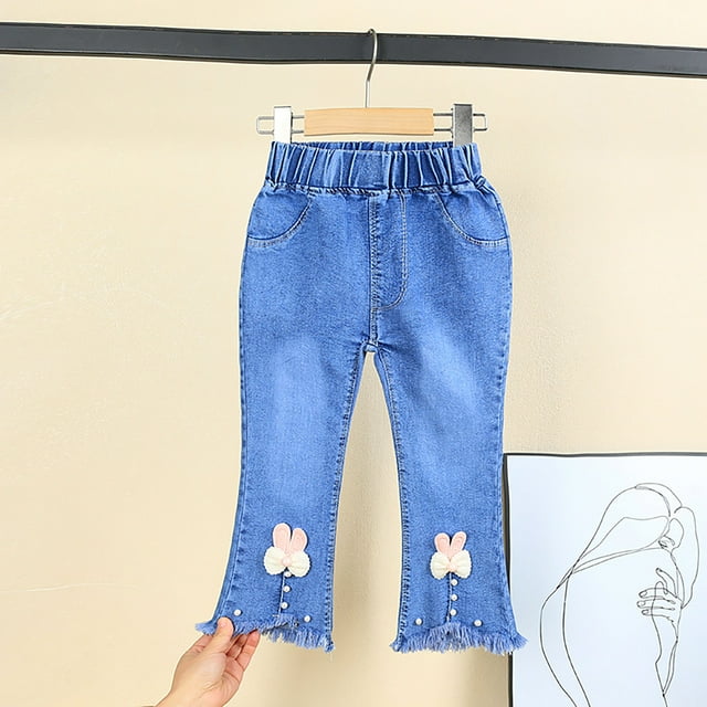 Pantalon de Mode pour Filles, Personnalité, Denim, Taille Élastique, Jeans à Jambe Grand, Jeans pour Filles 5-6 Ans