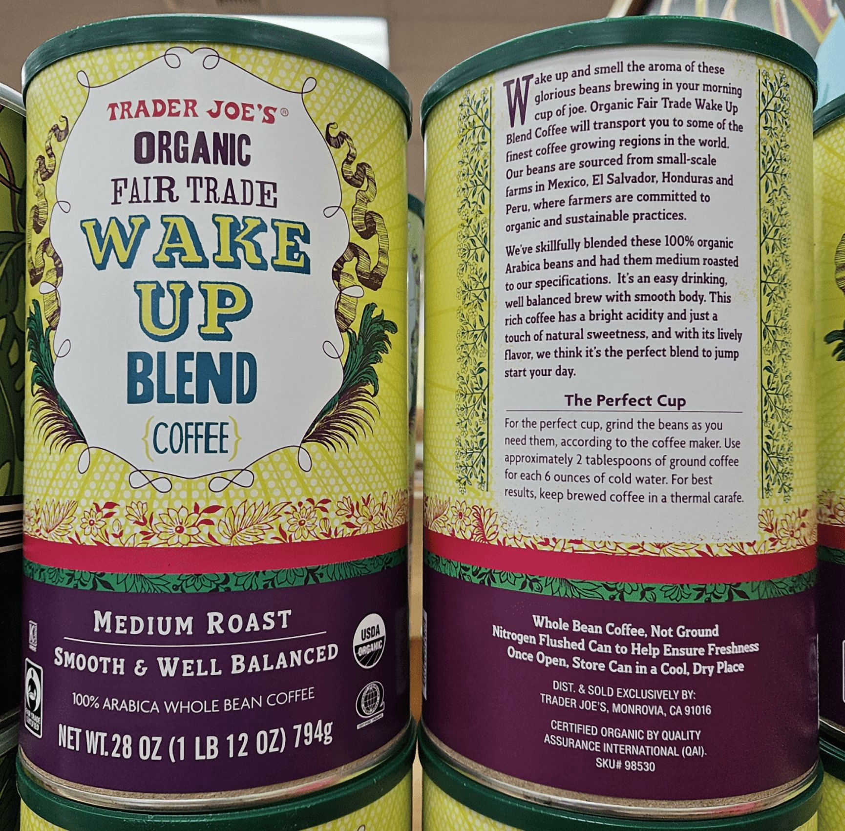 Trader Joe’s Organic Wake Up Blend Medium Roast Whole Bean Coffee 28oz 794g (2 Rolls)