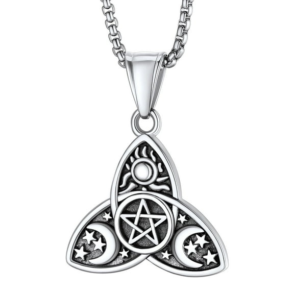 Bestyle Sun Moon Star Necklace Stainless Steel Triple Pendant Nacklace for Women Pagan Wicca Amulet Jewelry (Silver)