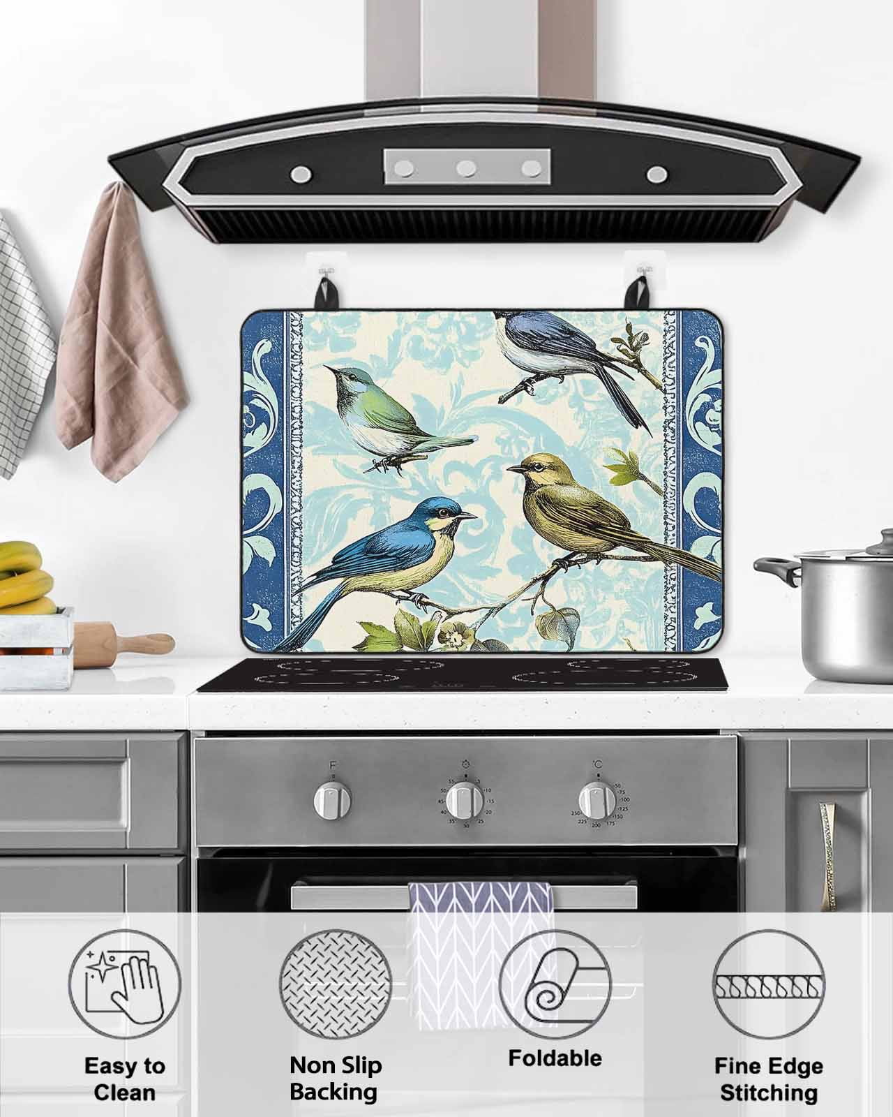 nqOlkjepod Large Induction Cooktop Protector Mat 31"x24", Vintage Birds Branches Stove Top Covers for Electric Stove, Retro Floral Pattern Decorative Stove Burner Cover Mats, Glass Top Stove Cover