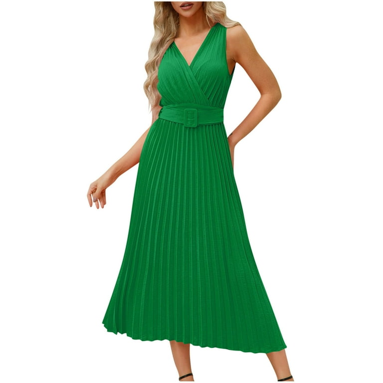 Clodeeu Women's Halter Neck Pleated Sleeveless Midi Dress with Belted , Casual Party Cocktail Dress Green,Womens Plus S, Size: Small