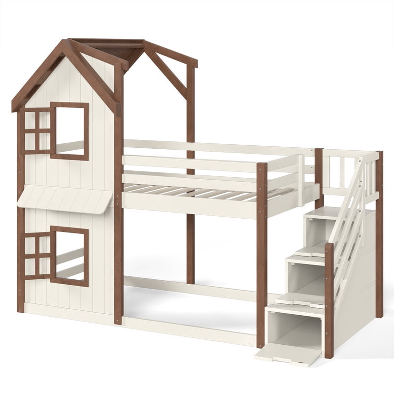Twin-Over-Twin Kids House Bed Frame with Storage Stairs & Bottom Floor Bed, Playhouse Bunk Bed with Roof & Window