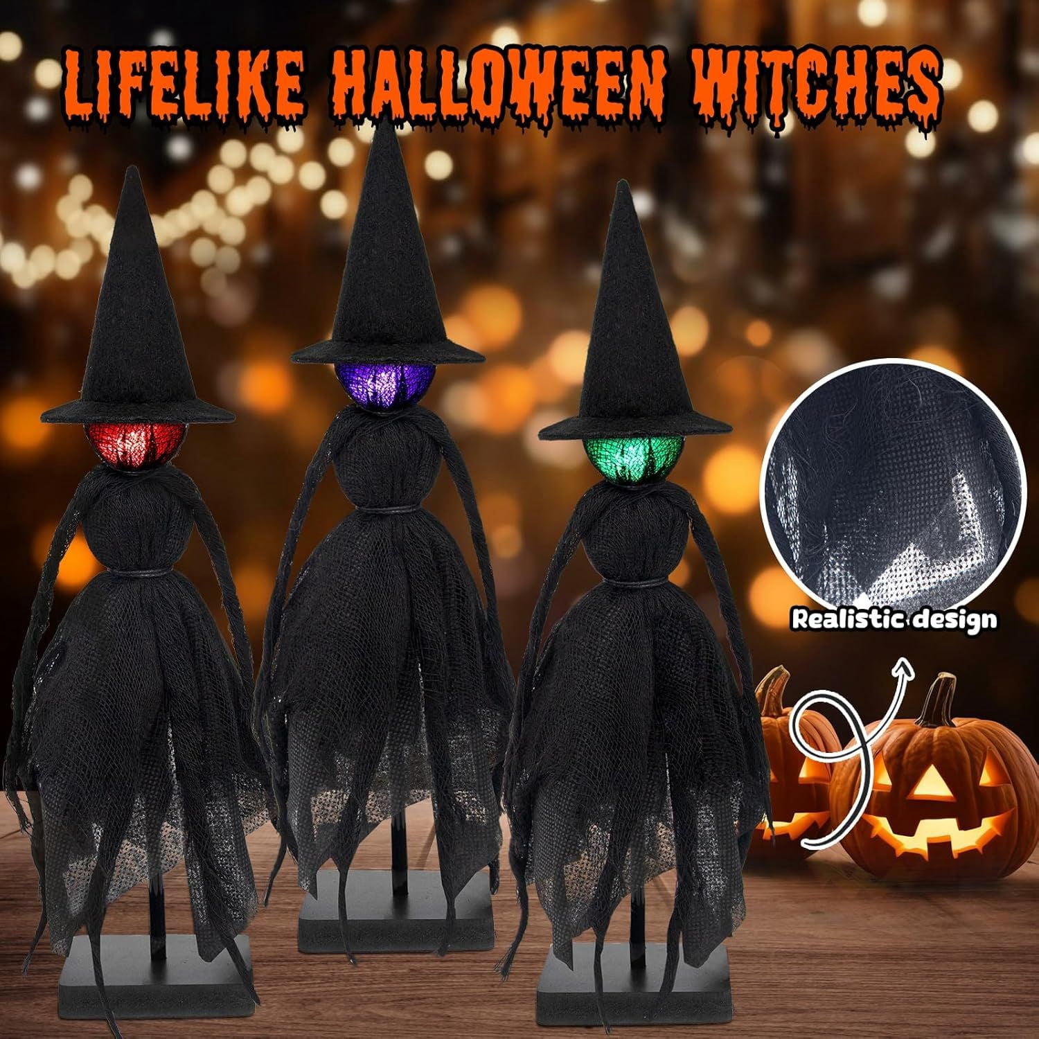 Set of 3 Light Up Witch Table Decorations with Red Green Purple LED Glow