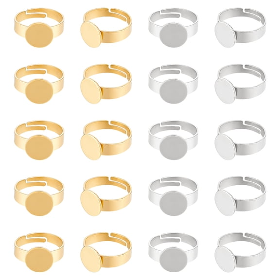 20 Pcs 2 Colors Blank Rings Adjustable Stainless Steel Finger Rings Flat Round Ring Base 10mm Cabochon Base Bezel ComponentsDIY