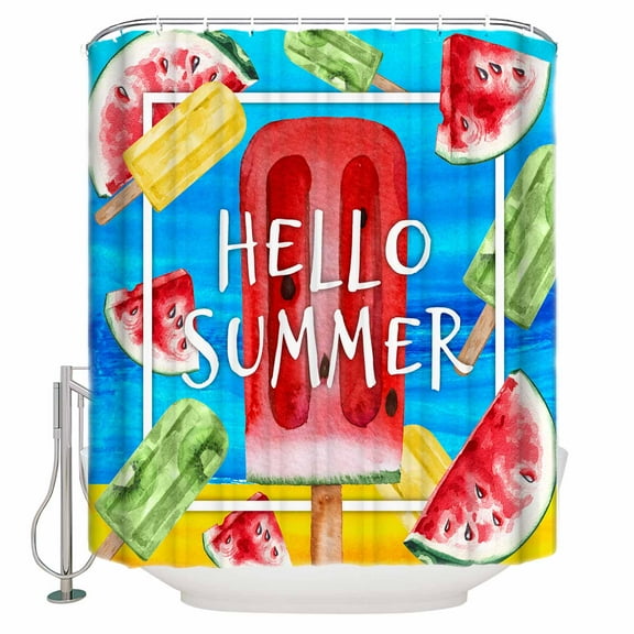 Fabric Shower Curtain, Hello Summer Fruit Popsicle Blue Ocean Shower Curtains with 12 Hooks Waterproof Machine Washable Bath Curtains for Bathroom,48x 72in