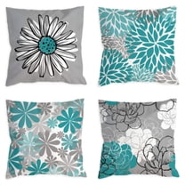 AUQ 4pcs Linen Pillow Covers 18x18" Turquoise and Grey Decorative Throw Pillow Case for Couch Modern Daisy Cushion Cover for Home Sofa Bedroom Decor