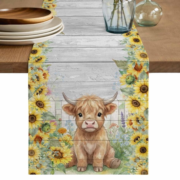 Farmhouse Yaks Table Runner 90 Inches, Country Sunflowers Floral Wooden Grain Bed Runner Dresser Scarves Tabletop for Indoor Outdoor Parties/Ceremony/Banquet, 13" x 90"