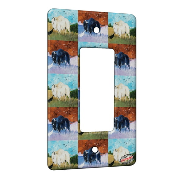 KuzmarK™ 1 Gang Rocker Wall Plate - White Buffalo Speaks with Raven Wildlife Pattern Art by Denise Every