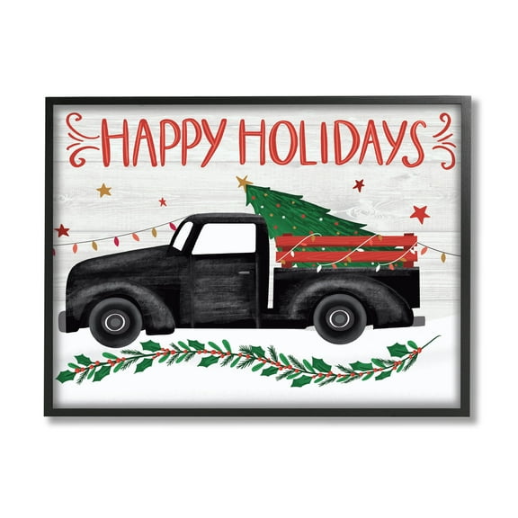 Happy Holidays Christmas Tree Truck Holiday Graphic Art Black Framed Art Print Wall Art