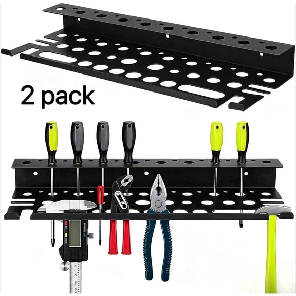 Wall Mount Screwdriver Organizer - 35 Hole Metal Tool Storage Rack for Garage and Workshop, 2 Pack, Black