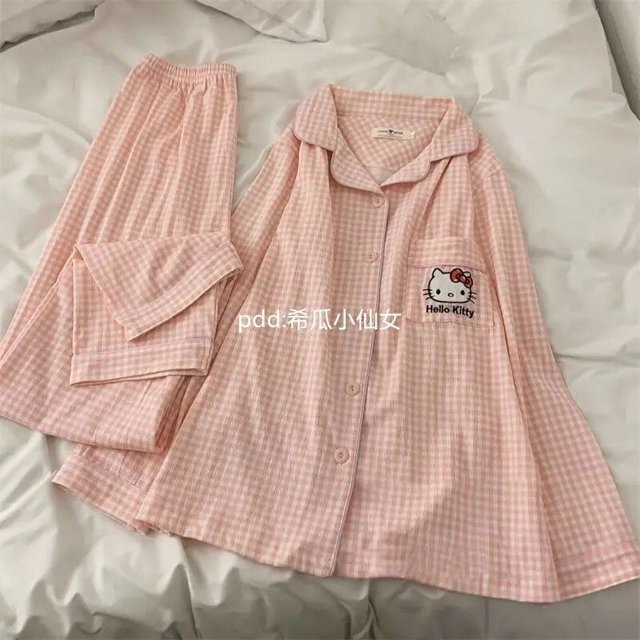 Sanrio-Conjunto de pijama de Hello Kitty para niña, ropa de casa sencilla de dibujos animados japoneses, pantalones de manga larga, primavera y otoño