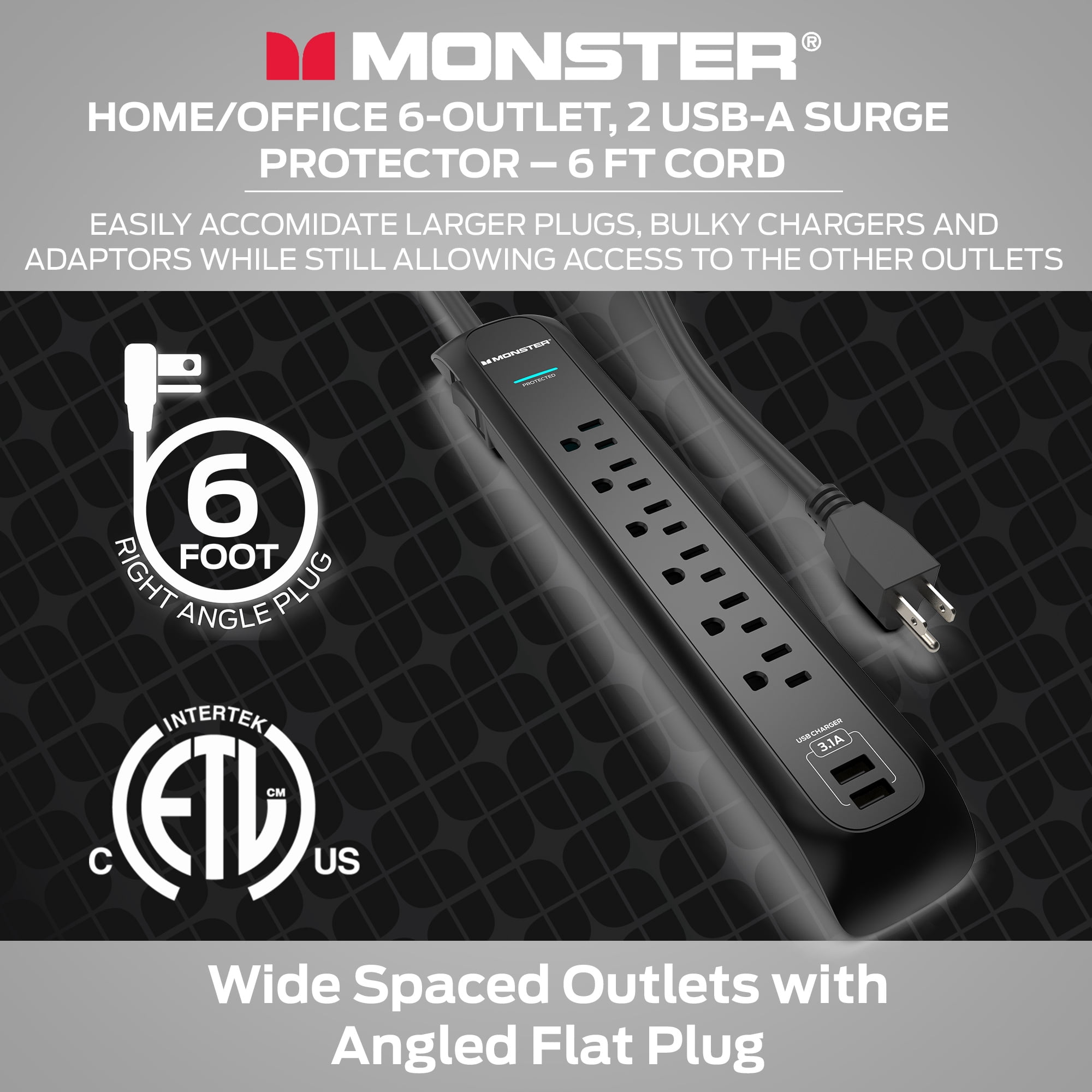 Monster 6ft Black Power Strip and Tower Surge Protector, Heavy Duty Protection for with 1200 Joule Rating, 6 120V-Outlets, and 2 USB-A Ports- Ideal for Computers, Home Theatre, Home Appliances,