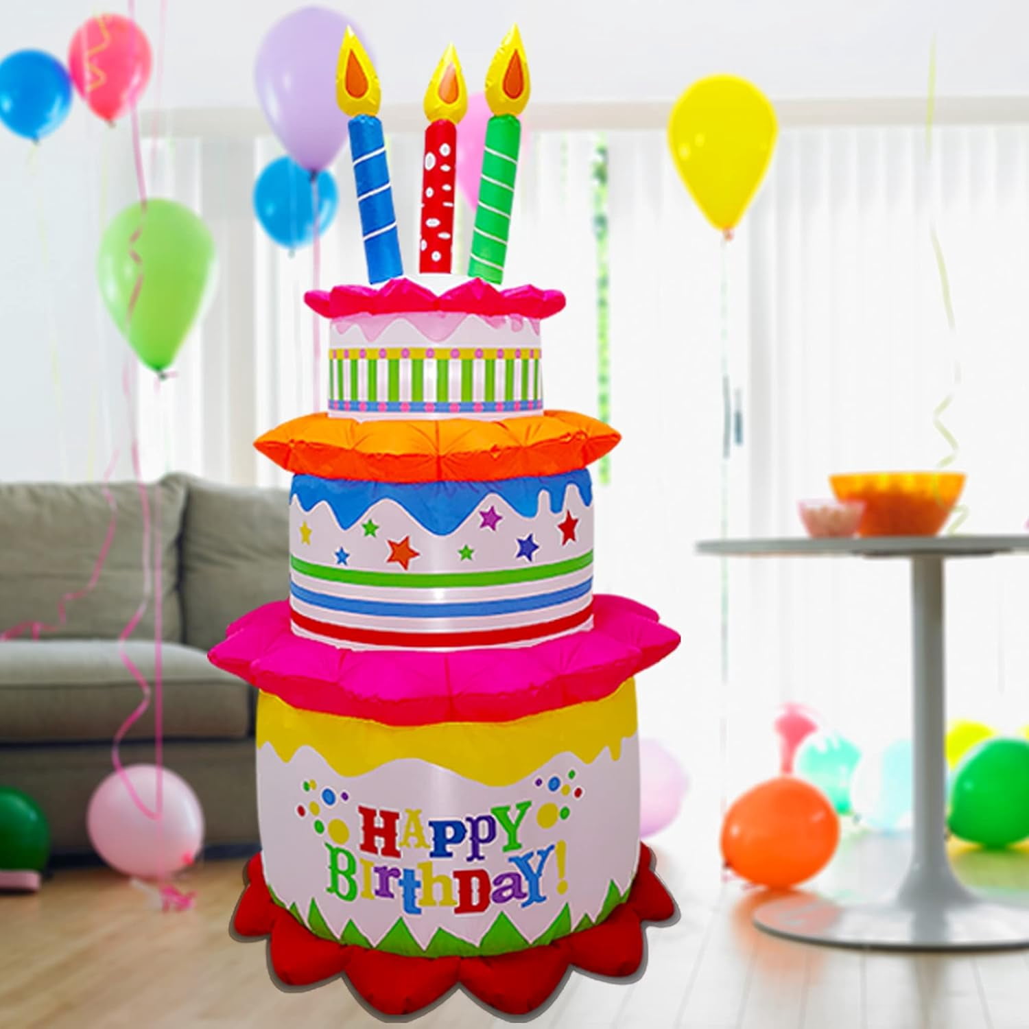Garnen 6Ft Inflatable Happy Birthday Decorations Balloons For Kids, LED Happy Birthday Cake, Birthday Sign Balloons, Outdoor Theme Party