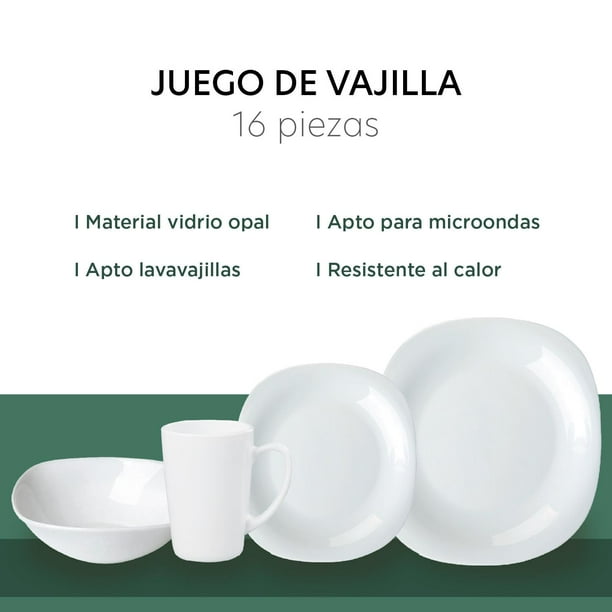 Vajilla Opal ColorHome 16 Pzas Cuadrada Personas Moderna Elegante blanco