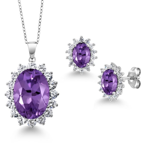 Gem Stone King 14.70 Cttw Oval Purple Amethyst Pendant Earrings Set for Women | 925 Sterling Silver | Gemstone Birthstone | Oval 18X13MM and 7X5MM | With 18 inch Silver Chain