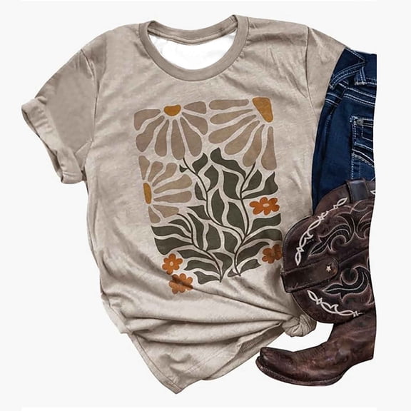 Tiweut Women Tshirt Summer Retro Bohemian Style Short Sleeved Flower Pattern Pullover Tops,Brown