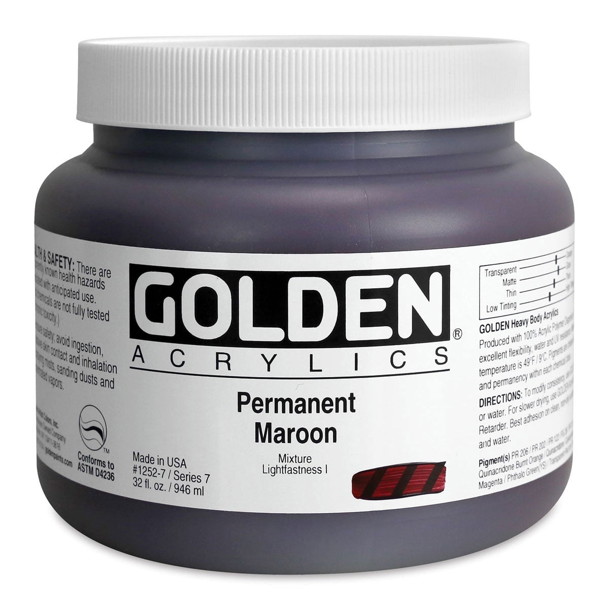 Golden Heavy Body Artist Acrylics - Permanent Maroon, 32 oz Jar