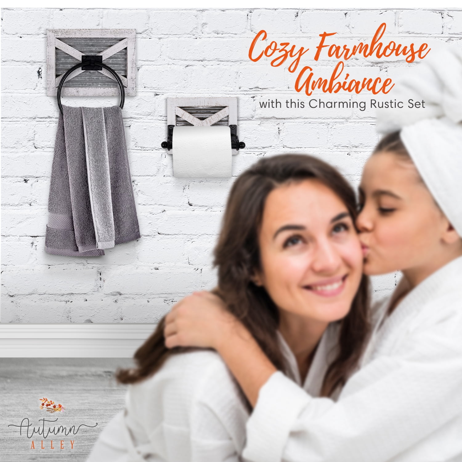 Autumn Alley Farmhouse Toilet Paper Holder and Towel Ring, Wall Mount, 2 Set - Farmhouse Wall Toilet Paper Holder & Bathroom Hand Towel Holder Decor, Rustic White