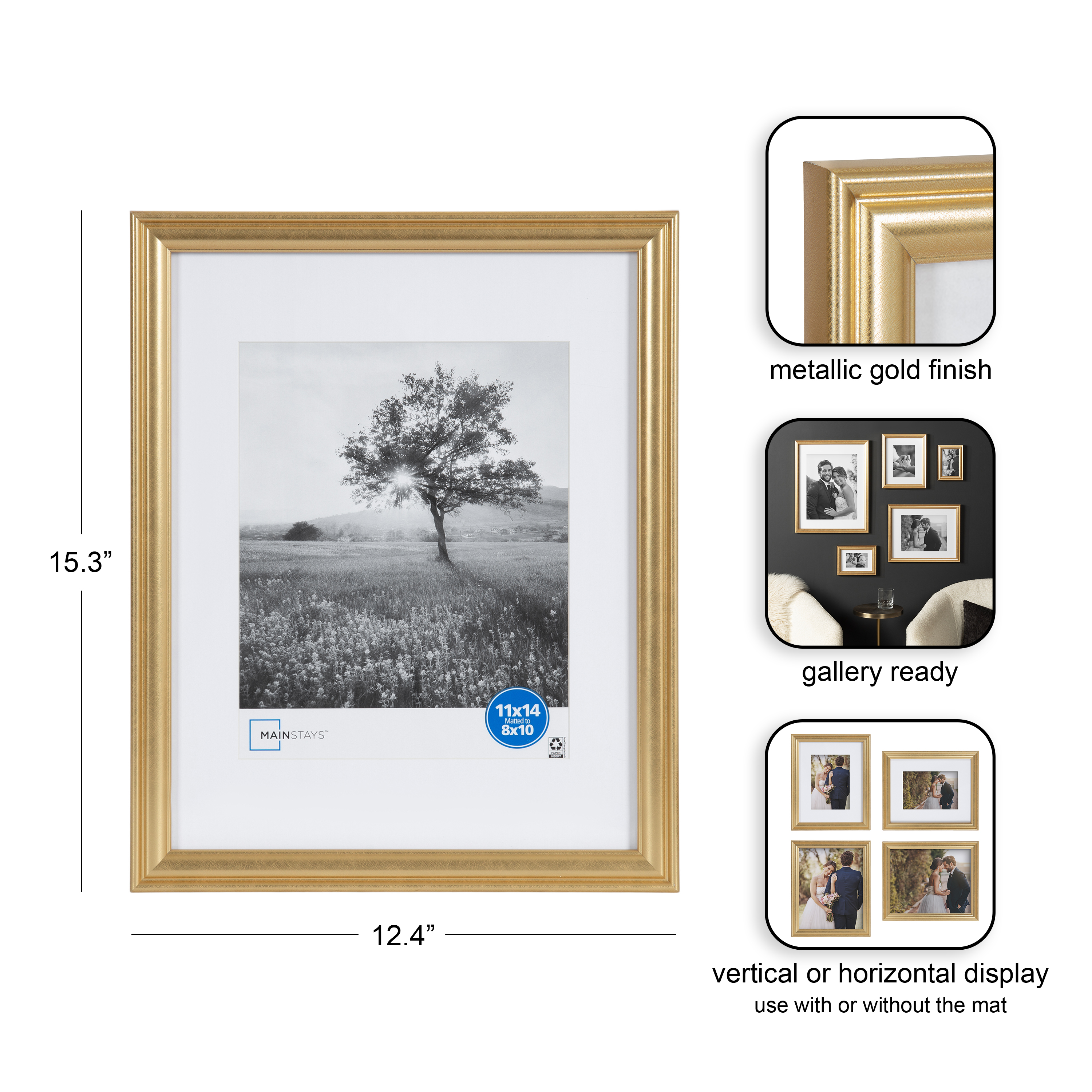 Mainstays 11 x 14 Matted to 8 x 10 Traditional Gallery Wall Picture Frame, Gold