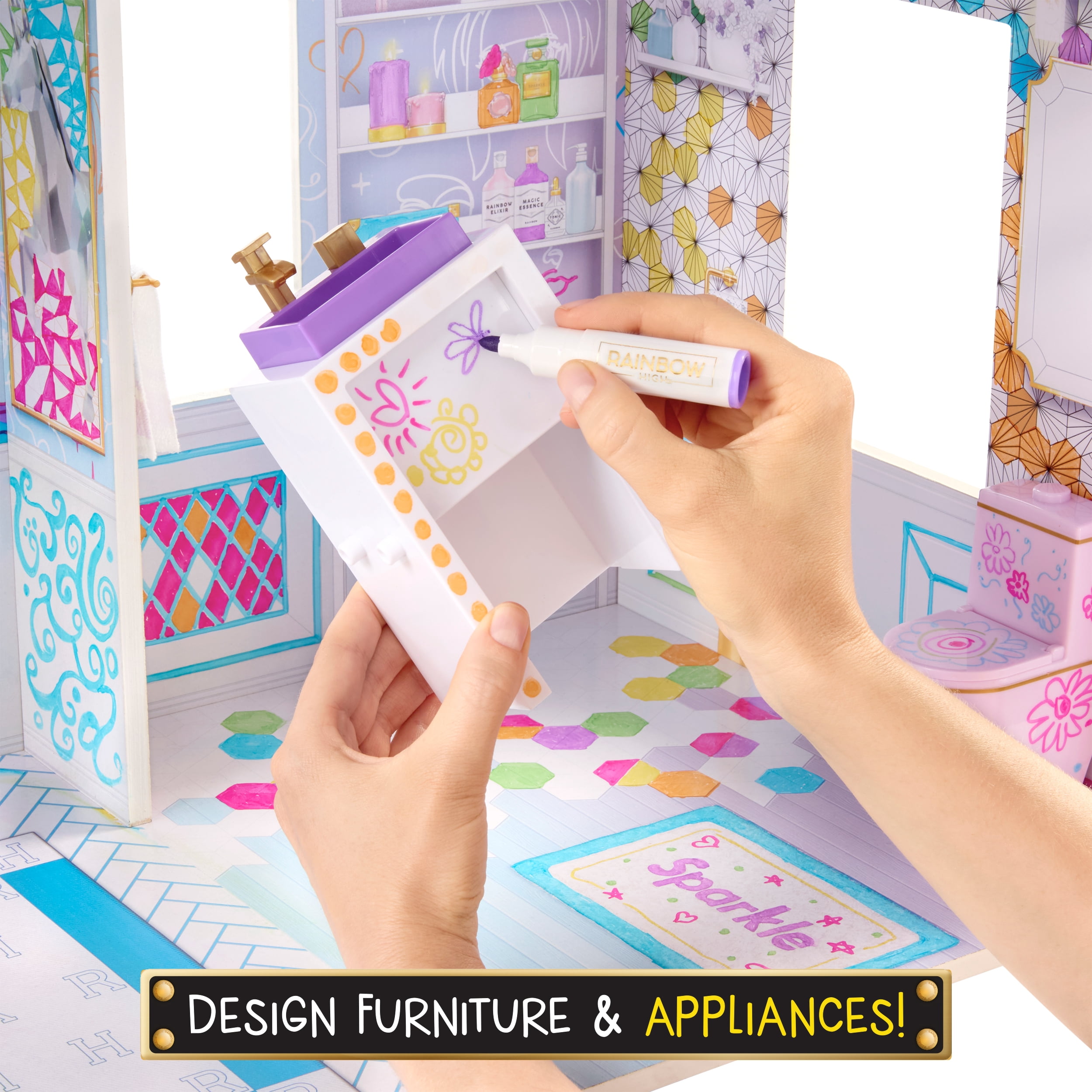 Rainbow High Color & Play 3-Story Doll House, Design All Walls & Floors with Washable Markers, Furniture