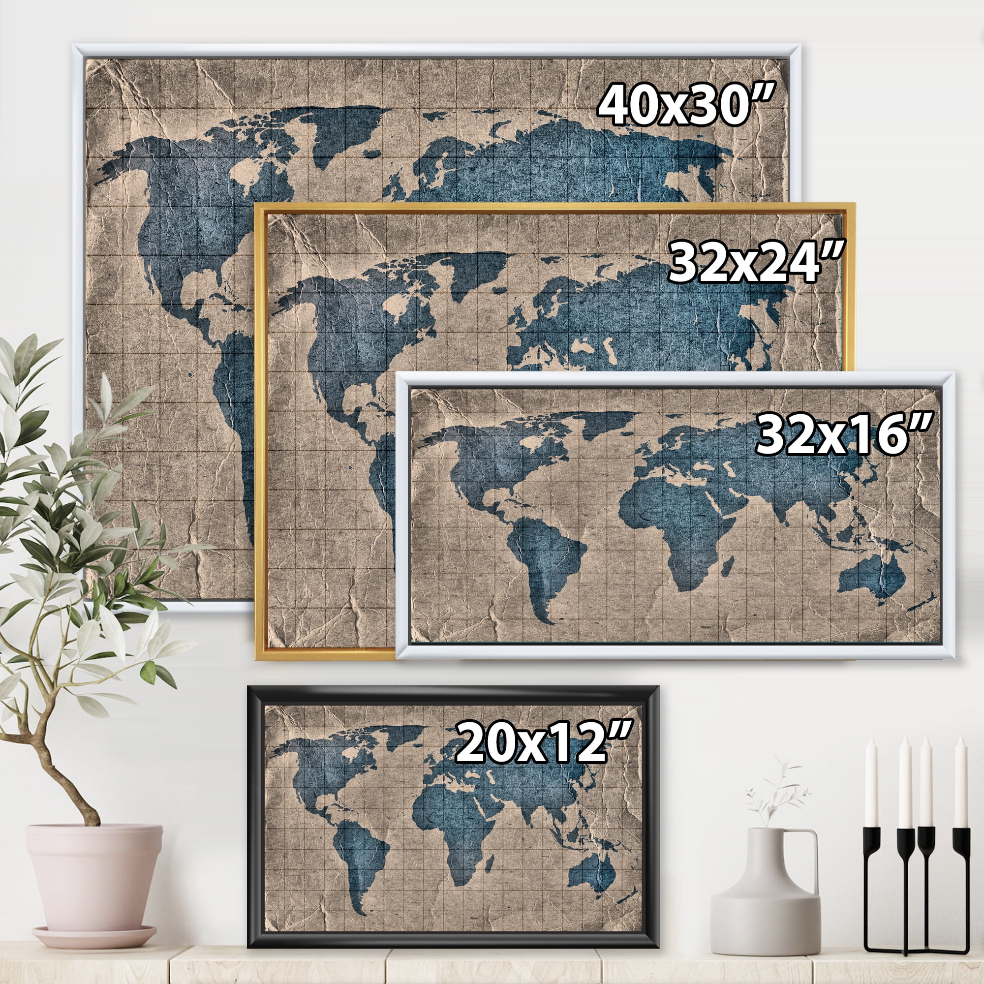 Designart 'Ancient World Map I' Rustic Framed Canvas Wall Art Print