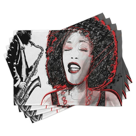 

African Placemats Set of 4 African American Girl Singing with Saxophone Player Popular Sound Design Washable Fabric Place Mats for Dining Room Kitchen Table Decor Black Pale Grey by Ambesonne