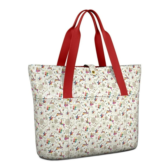 Tote Bag for Women - White Christmas Star and Gift Pattern Shoulder Bag - Large Utility Work Duffle Bag with Zipper Handbag for Travel, Work, Sprots